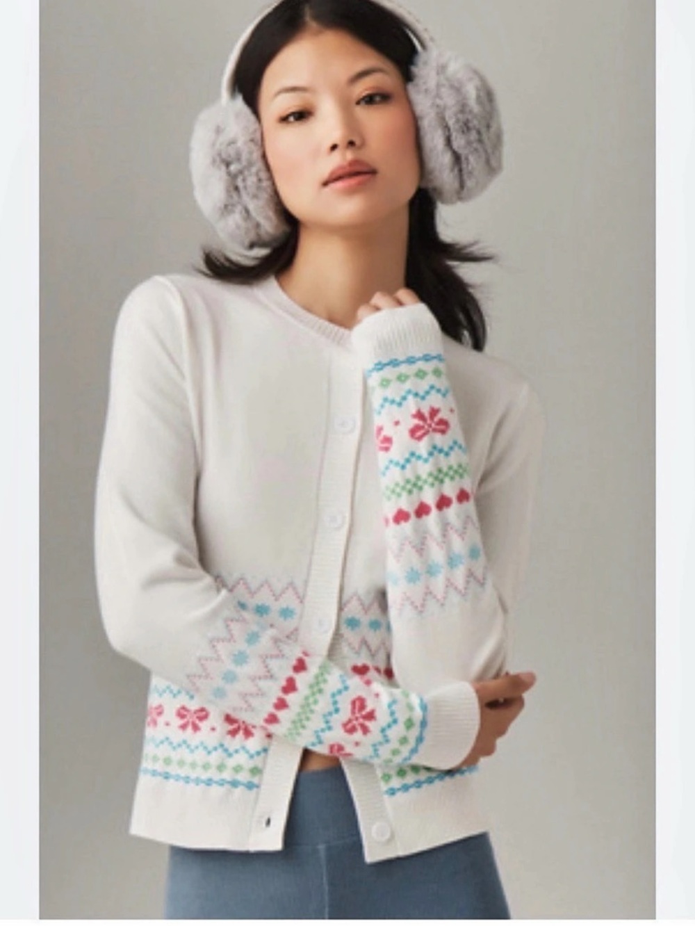 Beach Riot Ally Bow Cardigan Sweater Geometric Cardigan in White & Pink Size